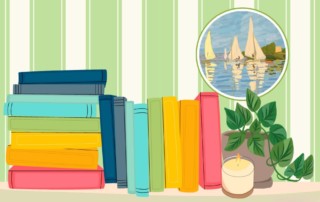 illustration of coverful books on table with striped green and white wallpaper behind, a candle, and plant; word counts for each genre