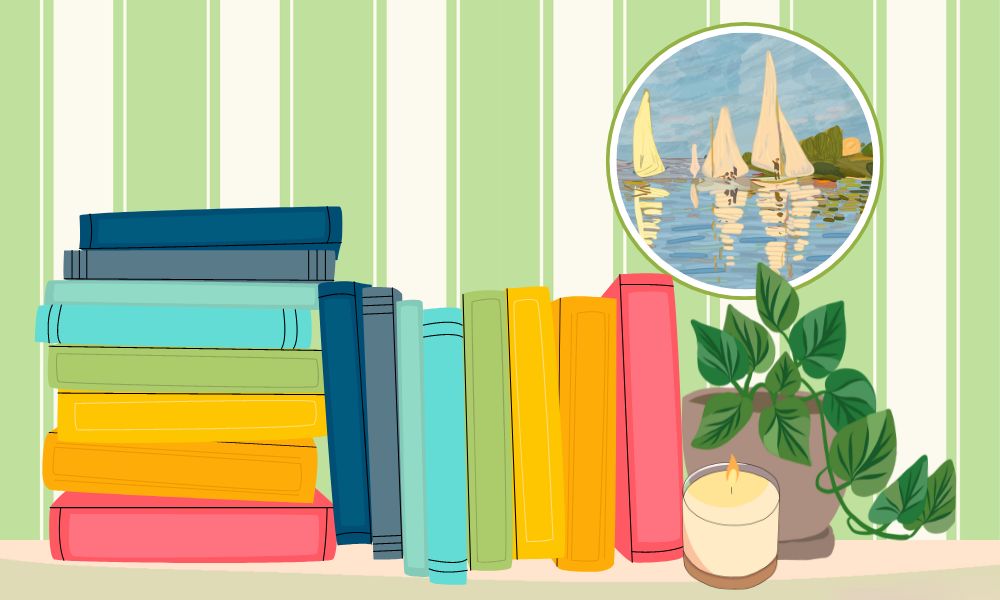 illustration of coverful books on table with striped green and white wallpaper behind, a candle, and plant; word counts for each genre