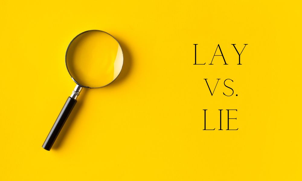 yellow background with a magnifying glass set down; lay vs lie is written
